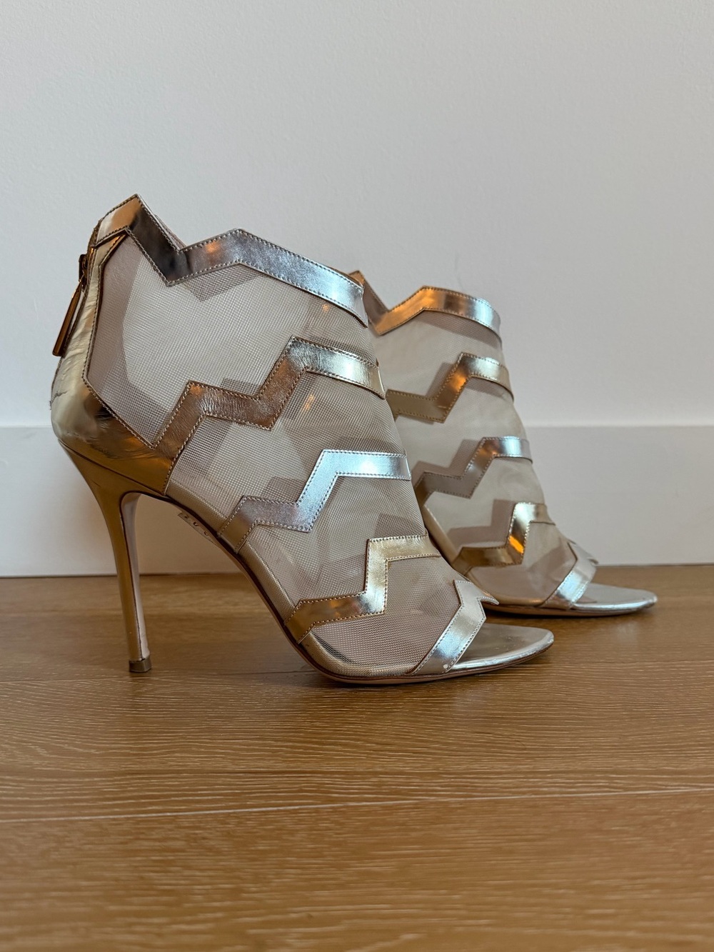 Metallic Silver Chevron Mesh Stiletto Booties gently worn